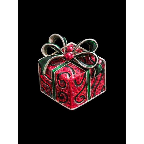 Vintage Pendant Brooch Signed MJ Christmas Present Pendant Enamel Red Green Gold - Picture 1 of 9